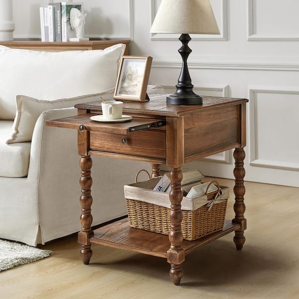 End Table Small Space Side Table with USB Dual Ports Walnut Finish