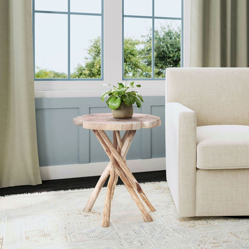 End Table Solid Wood Block with Organic Checking Natural Accent