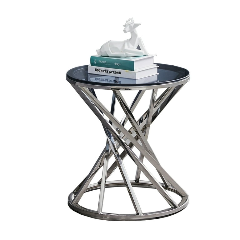 End Table Spiral Base Polished Stainless Round Glass Top
