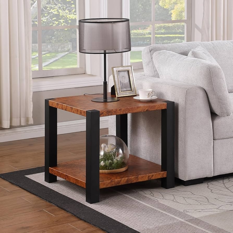 End Table Square Ash Brown Finish with Black Metal Frame