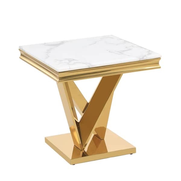 End Table Square Faux Marble Top Gold Polished Sled Base