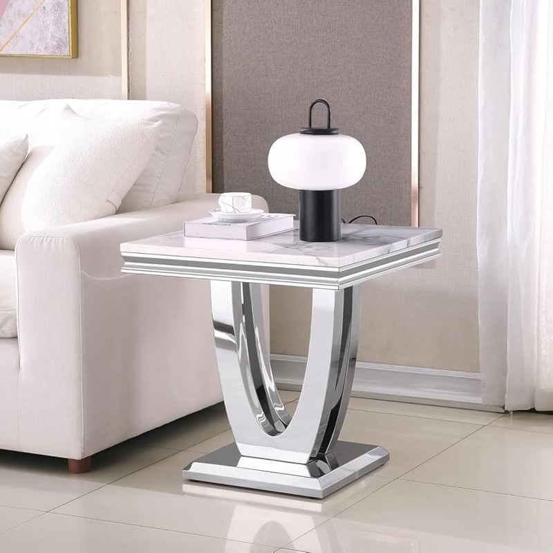 End Table Square Faux Marble Top Mirrored U-Shaped Base