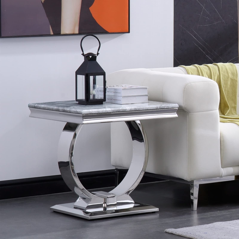 End Table Square Gray Faux Marble Top Chrome X-Frame Base