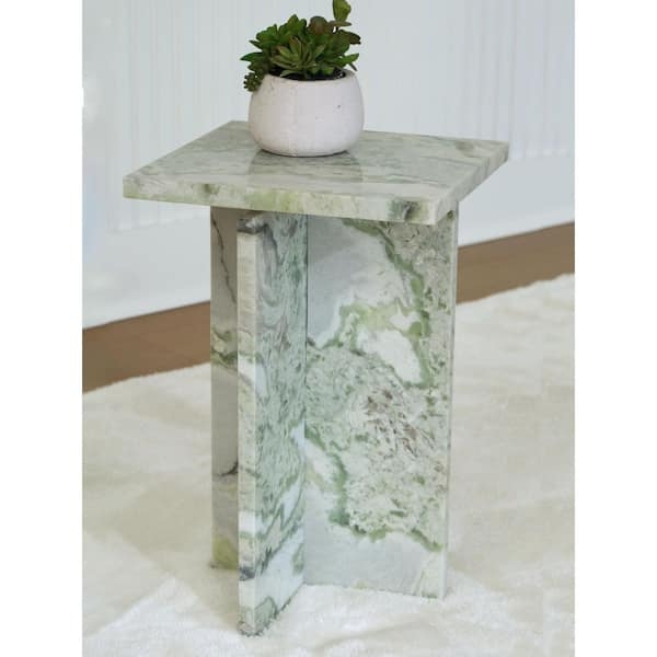 End Table Square Green Marble Top Minimalist Black Metal X-Base
