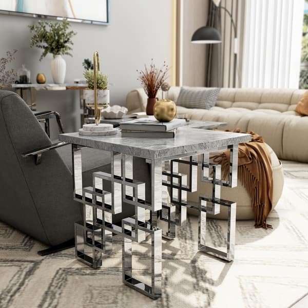 End Table Square High Gloss Top Mirrored Geometric Base