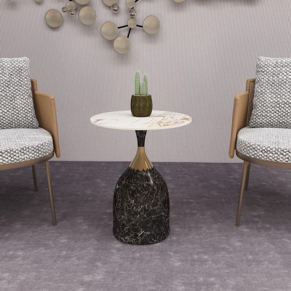 End Table Square Marbled Stone Top Black Geometric X-Brace Base