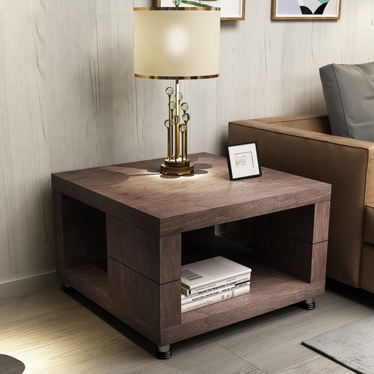 End Table Square Pedestal Base Integrated Cubby Storage Walnut Modern