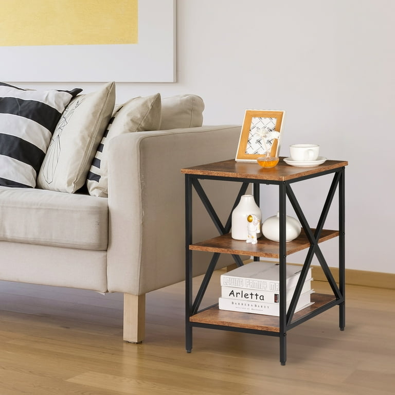 End Table Square Rustic Brown Three Tier Storage Industrial