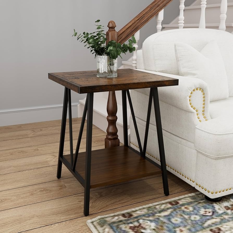 End Table Square Saw Marks Texture Dark Walnut Metal Frame Distressed