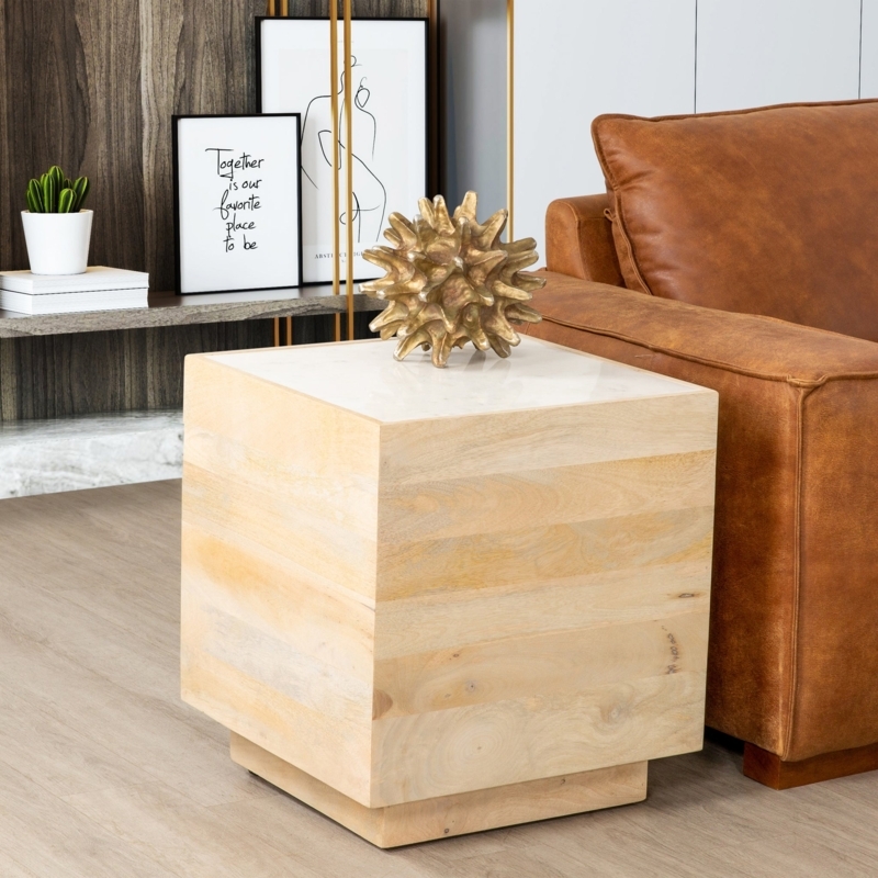 End Table Square Stone-Like Top With L-Shaped Legs
