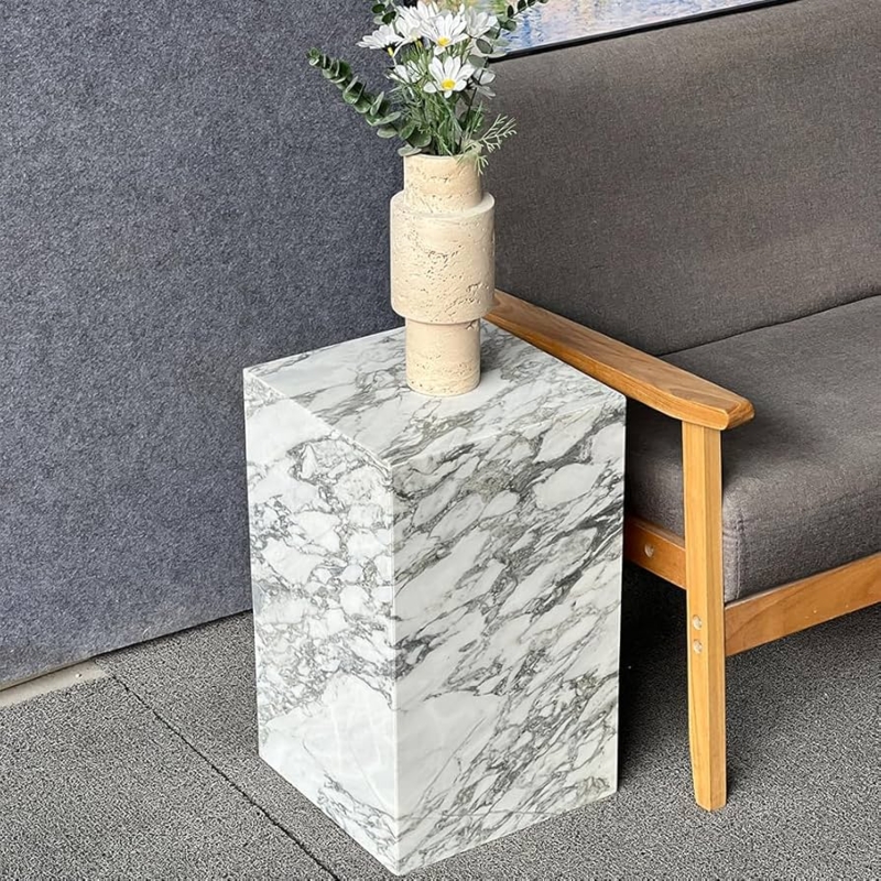 End Table Square Stone Top Bold Veining Black Plinth Base Block