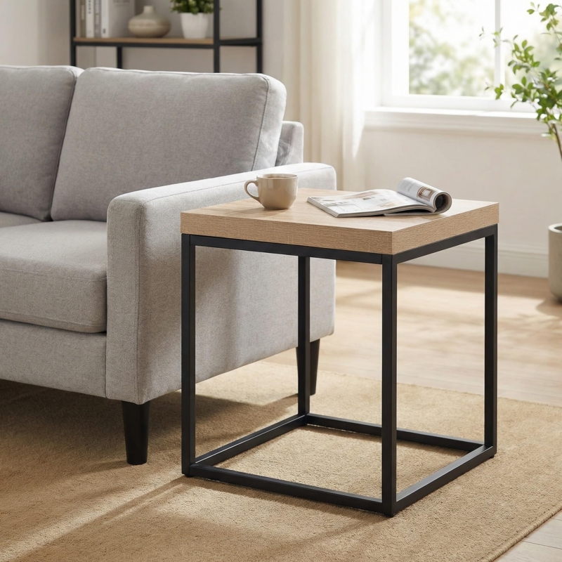 End Table Square Thick Wood Top Metal X-Frame Modern Industrial