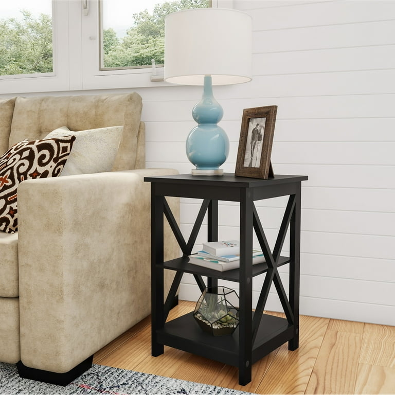 End Table Square Top X-Frame Sides Three-Tier Shelf
