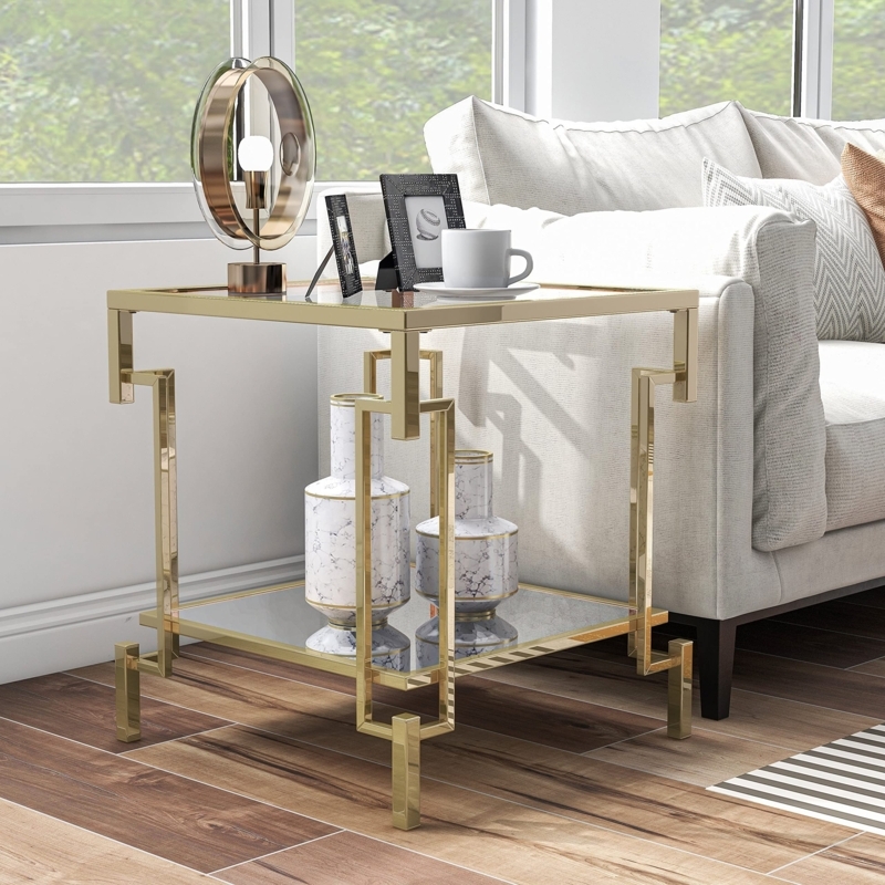 End Table Square Two-Tier Glass With Champagne Finish