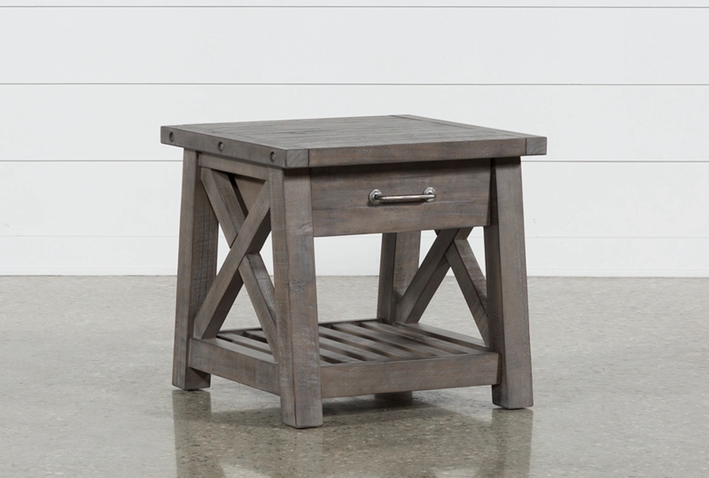 End Table Square Weathered Grey Storage Drawer Open Shelf Rustic