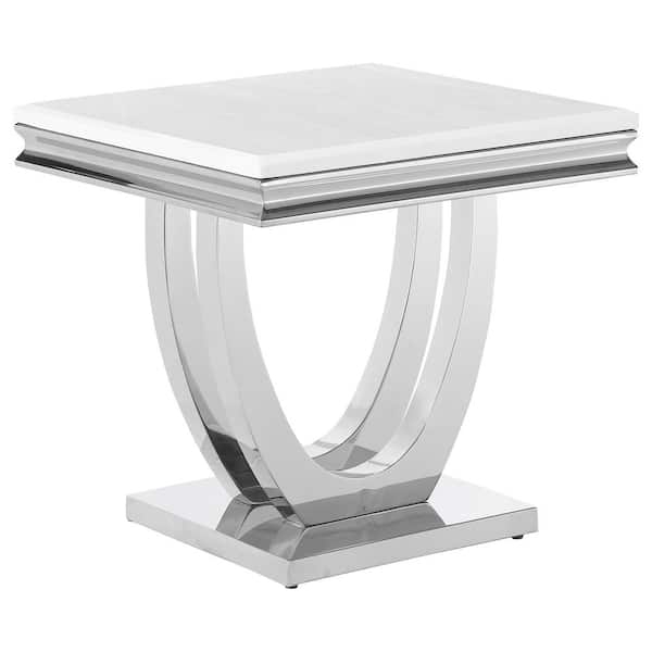 End Table Square White Faux Marble U-Base Chrome Glam