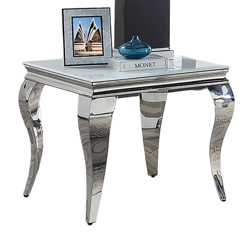 End Table, Square White Glass Top, Polished Silver Cabriole Legs