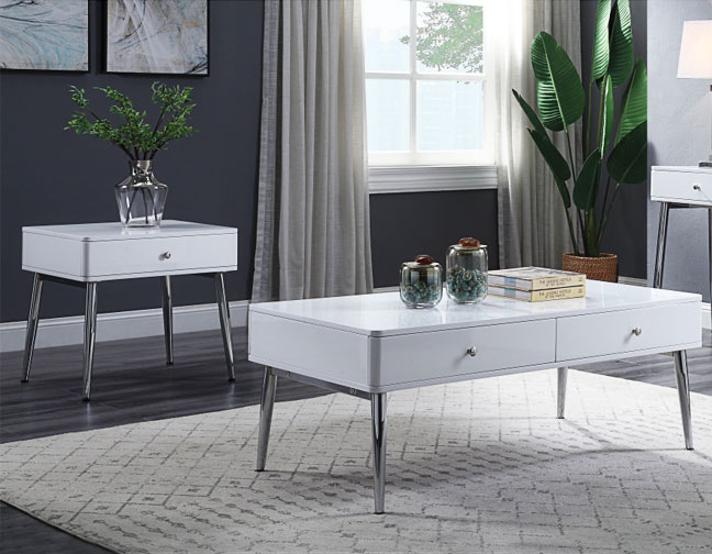 End Table Square White High Gloss, Thick Slab Legs, Minimalist.