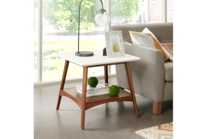 End Table Square with Storage Drawer Shelf and Tapered Legs