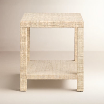 End Table Square Woven Texture Raffia-Like Finish Plinth Base Organic Modern