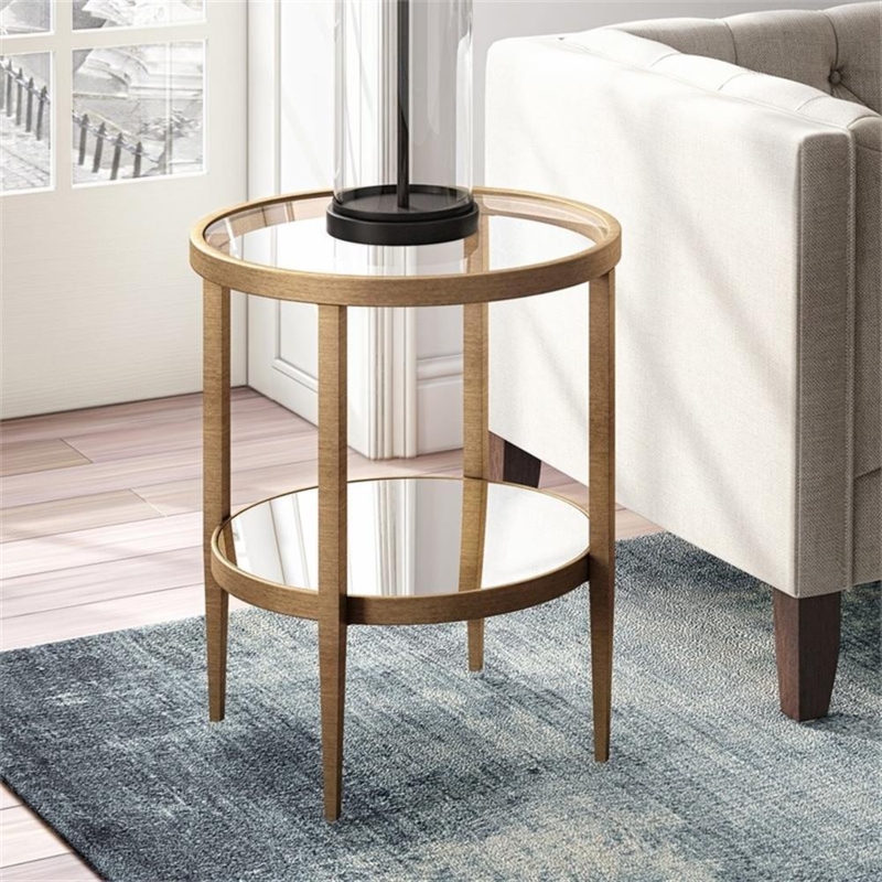 End Table Stepped Pedestal Base Antique Brass Round Traditional