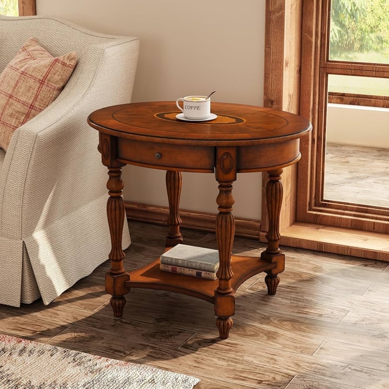 End Table Storage Drawer, Traditional Oval Wood for Living Room.