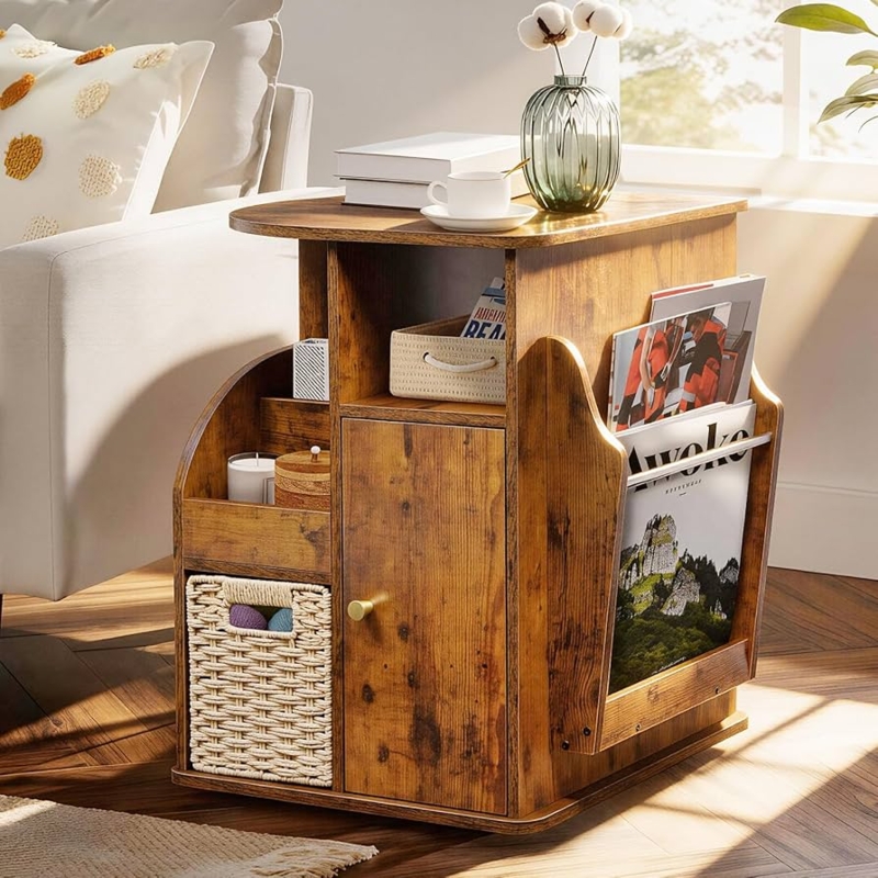 End Table Swivel Base Rustic Brown Farmhouse Storage