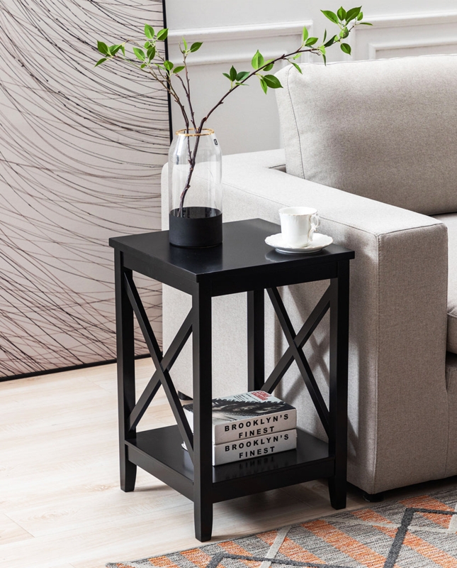 End Table Tall Matte Black with X Side Panels and Two Tier Shelving
