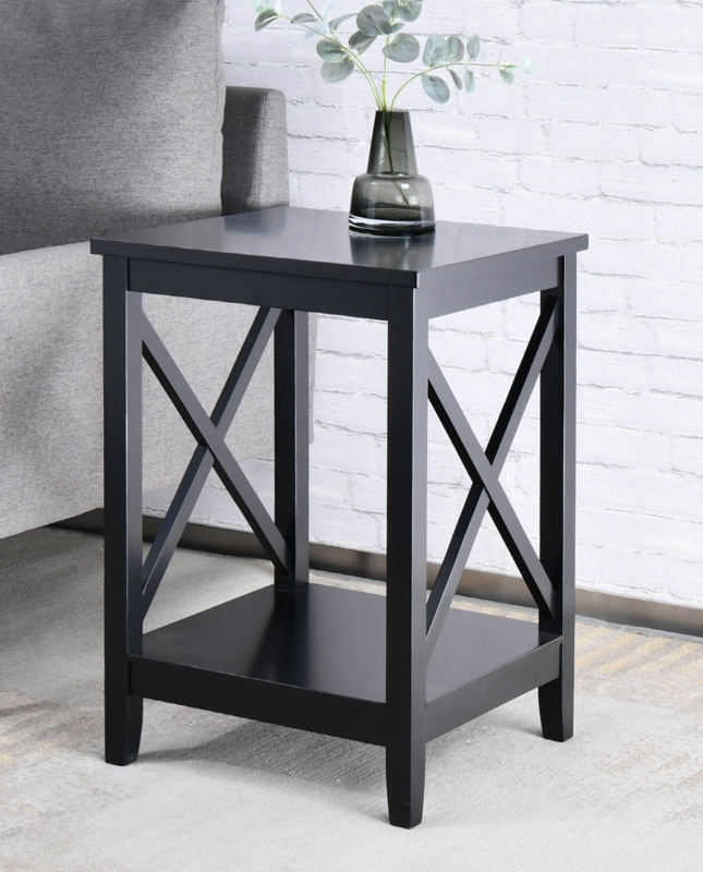 End Table Tall Rectangular X-Side Panels Wood Grain