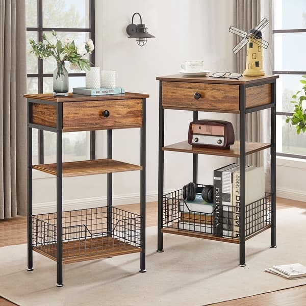 End Table: Tall Slim Profile with Metal Mesh Side Panels