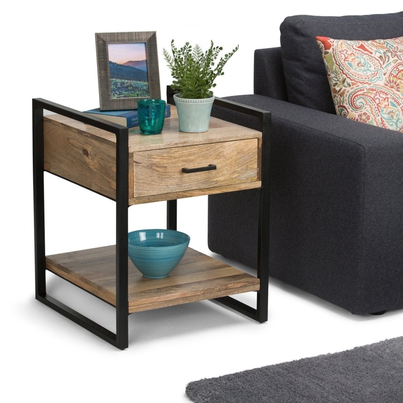 End Table Tapered Legs Lower Shelf Natural Finish Transitional