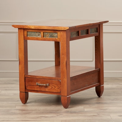End Table Tapered Legs Slate Inlay Slatted Shelf, Rustic Wood.