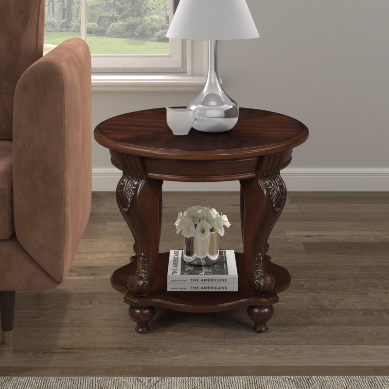 End Table Tapered Tripod Legs Warm Wood Round with Lower Shelf