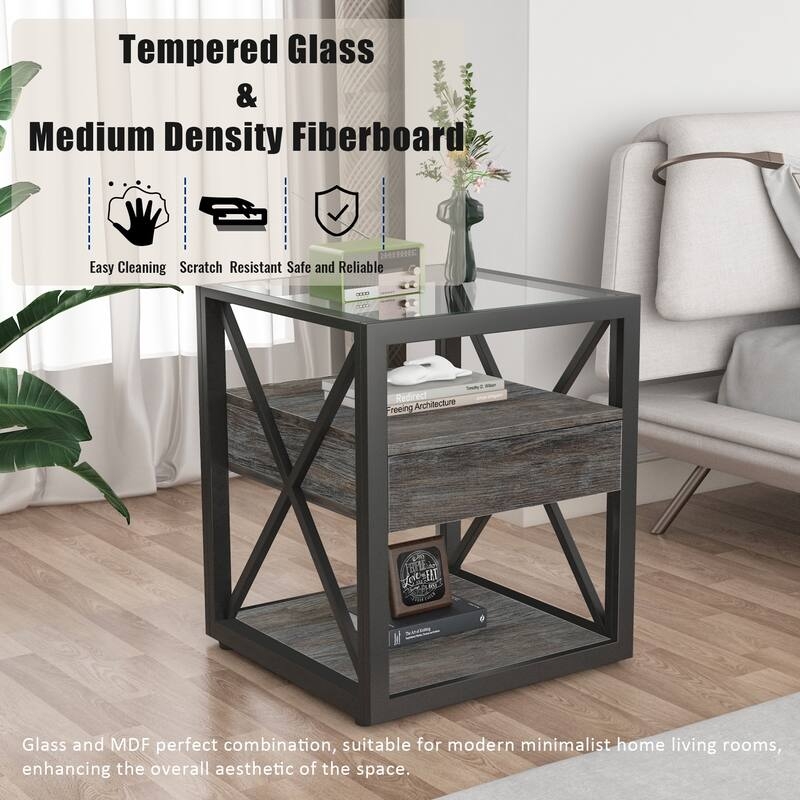 End Table Tempered Glass Top Rustic Drawer, Industrial Style