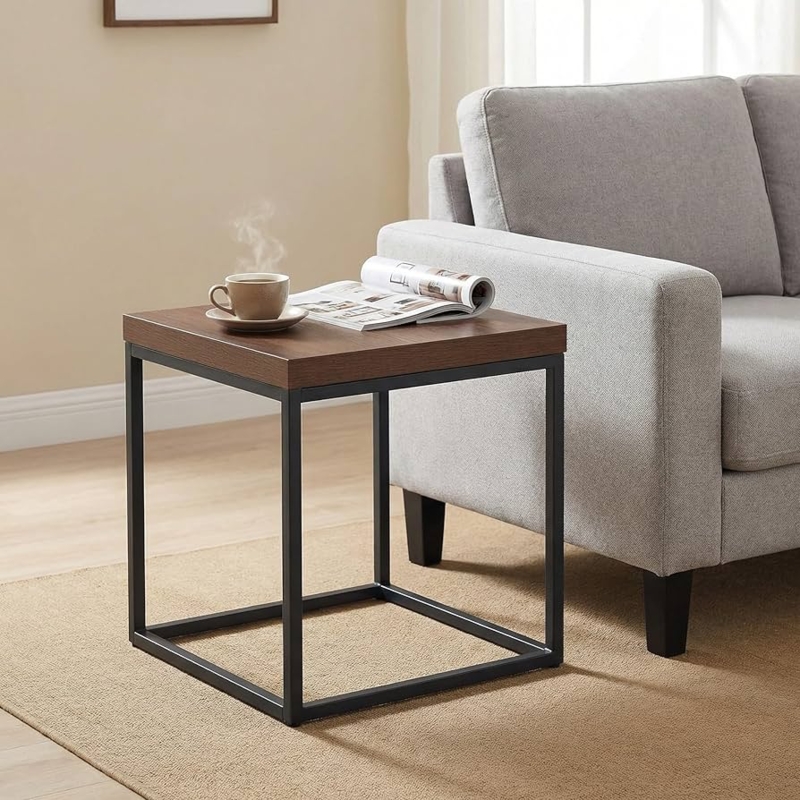 End Table Thick Top Walnut Wood Grain Square Minimalist Black Metal