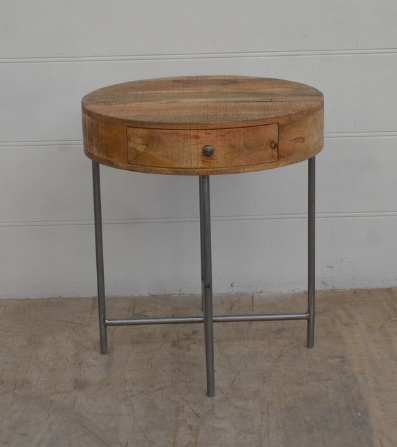 End Table Thick Wood Slab Top Minimalist Metal Base Rustic