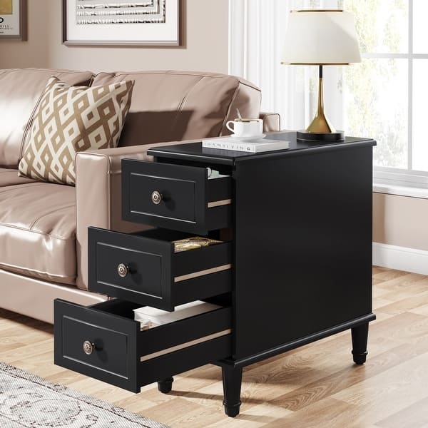 End Table, Three Drawers, Square Legs, Metal Pulls, Dark Wood Finish