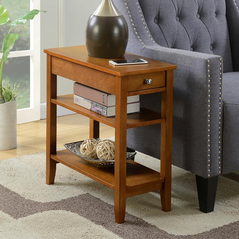 End Table Three Tier Dark Walnut Finish Single Drawer Storage