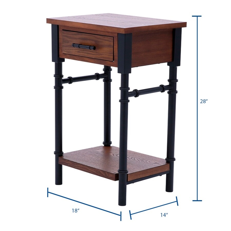 End Table Three-Tier Design Tall Industrial Wood and Metal Shelves Rustic