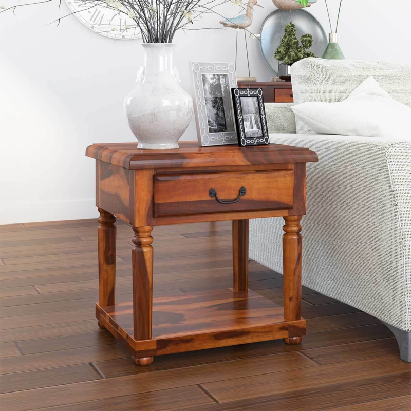 End Table Three Tier Design with Single Drawer Rustic Wooden Decor