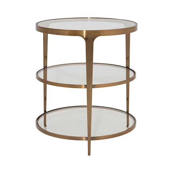 End Table Three Tier Glass Shelves Antique Brass Round Glam