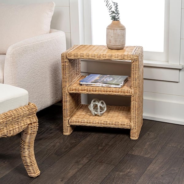 End Table Three Tier Rattan Shelves, Coastal Rattan Three Tier Table style