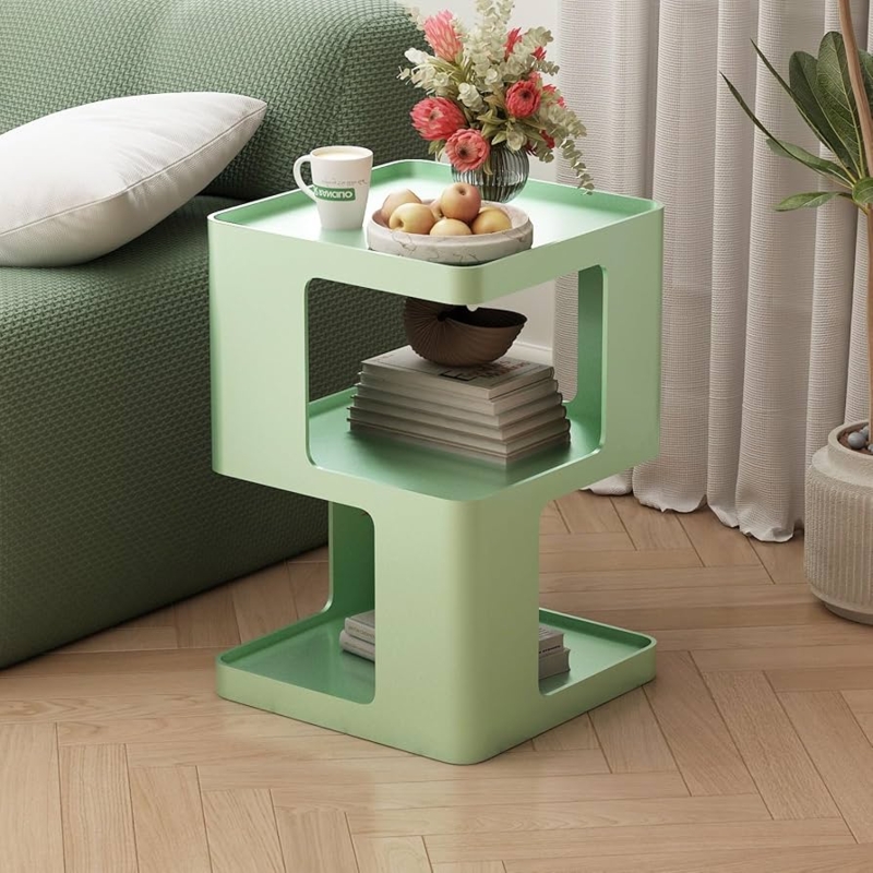 End Table Three Tier Round Sage Green Metal Construction Storage