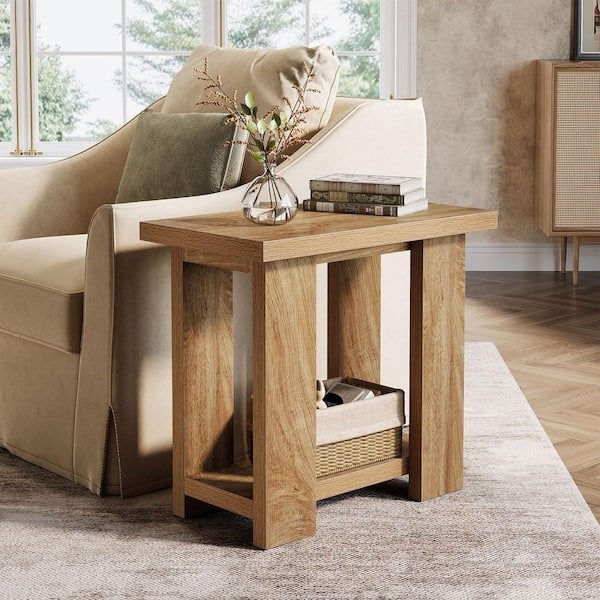 End Table Three-Tier Rustic Wood Rectangular Storage Shelves