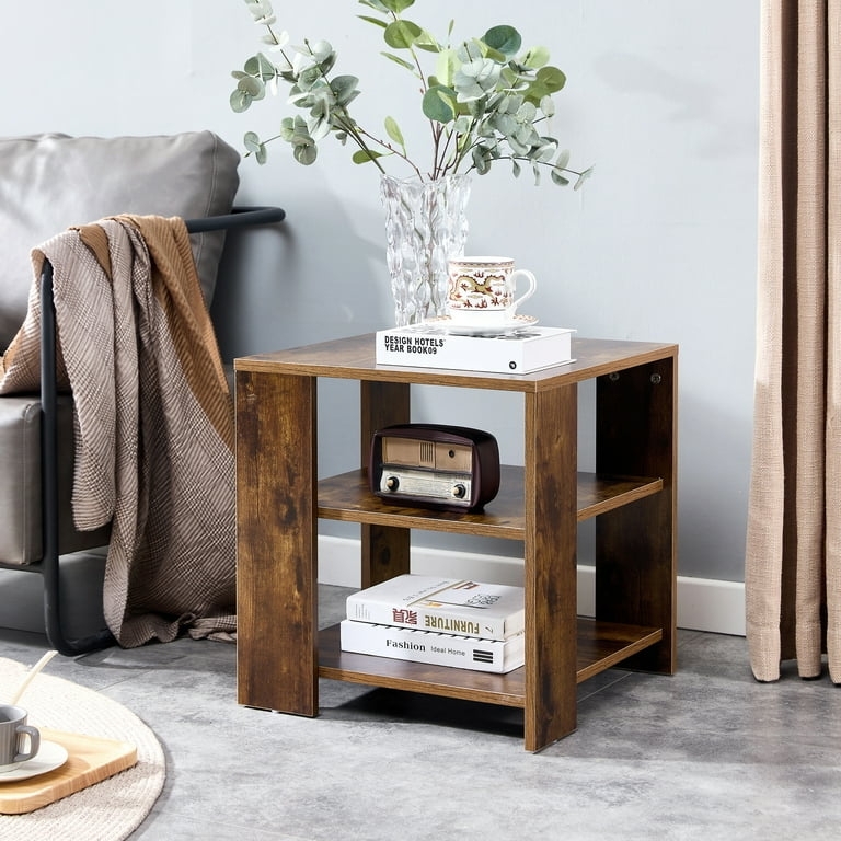 End Table Three-Tier Shelving Rustic Brown Wood Grain Open Storage
