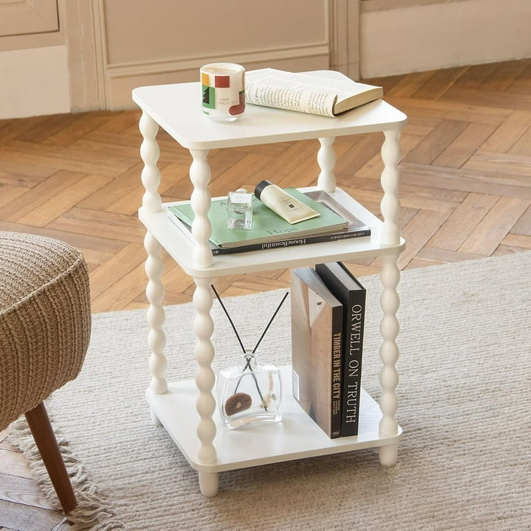 End Table Three Tier Slender Frame Caramel Tan Open Shelving Small Space