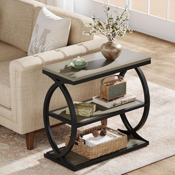 End Table, Three-Tier Slim Profile Design, Wood-Toned Open Shelving