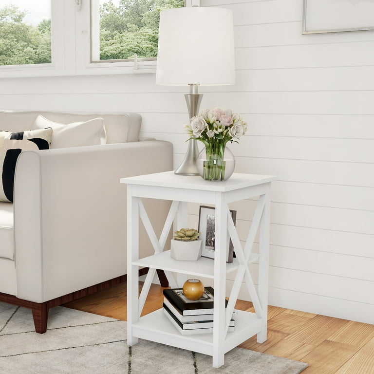 End Table Three Tier with X Shaped Sides Coastal Farmhouse Finish