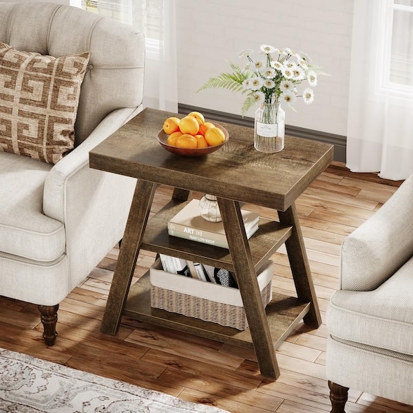 End Table Three Tiers Industrial Metal X-Frame Sides Rustic Brown Wood