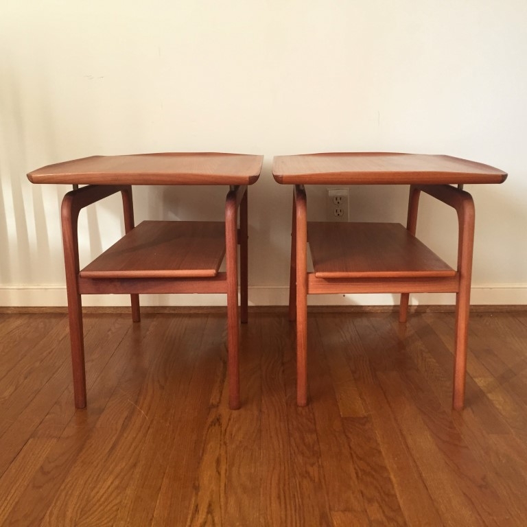 End Table Tiered Floating Top Tapered Legs Teak Tone